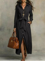 Tie Waist Long Sleeve Shirt Dress Plus Size in Red, close-up detail