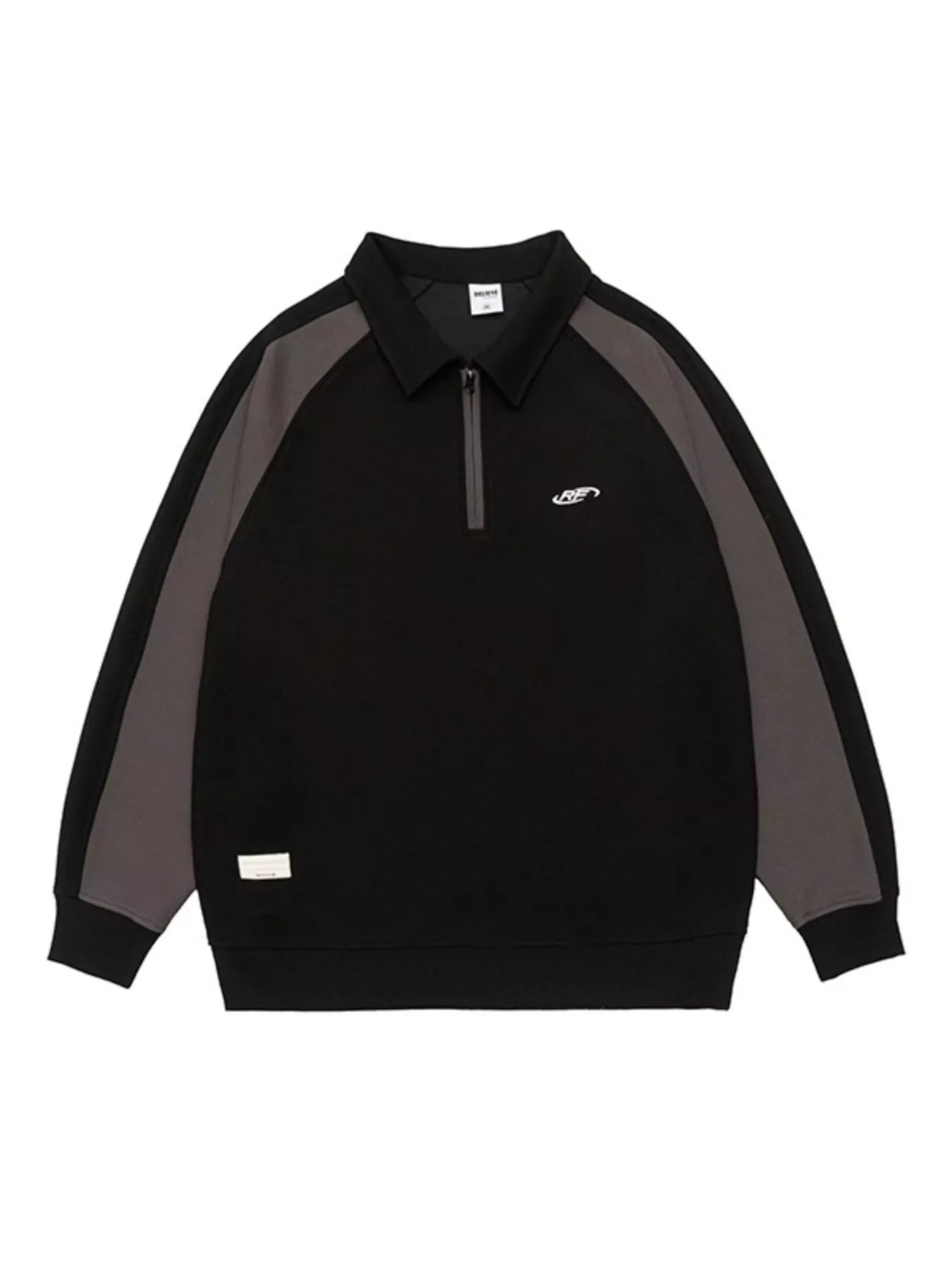 Black raglan quarter zip sweatshirt with contrast gray sleeves and embroidered logo