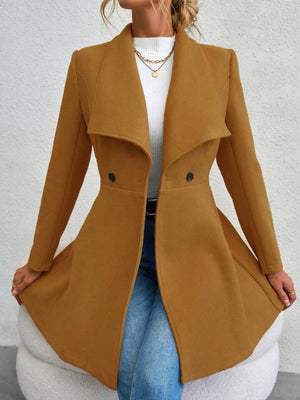 Mustard draped collar flare-hem coat with button details and a flared hem.