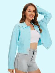 Aqua distressed denim trucker jacket with distressed details and button front.