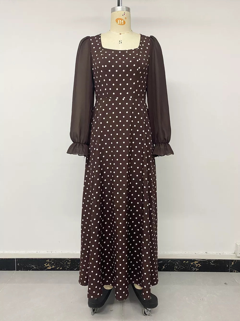 Polka Dot Square Neck Long Sleeve Maxi Dress in Brown, alternate angle