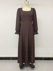 Polka Dot Square Neck Long Sleeve Maxi Dress in Brown, alternate angle