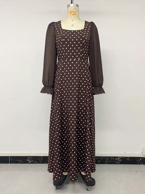 Polka Dot Square Neck Long Sleeve Maxi Dress in Brown, alternate angle