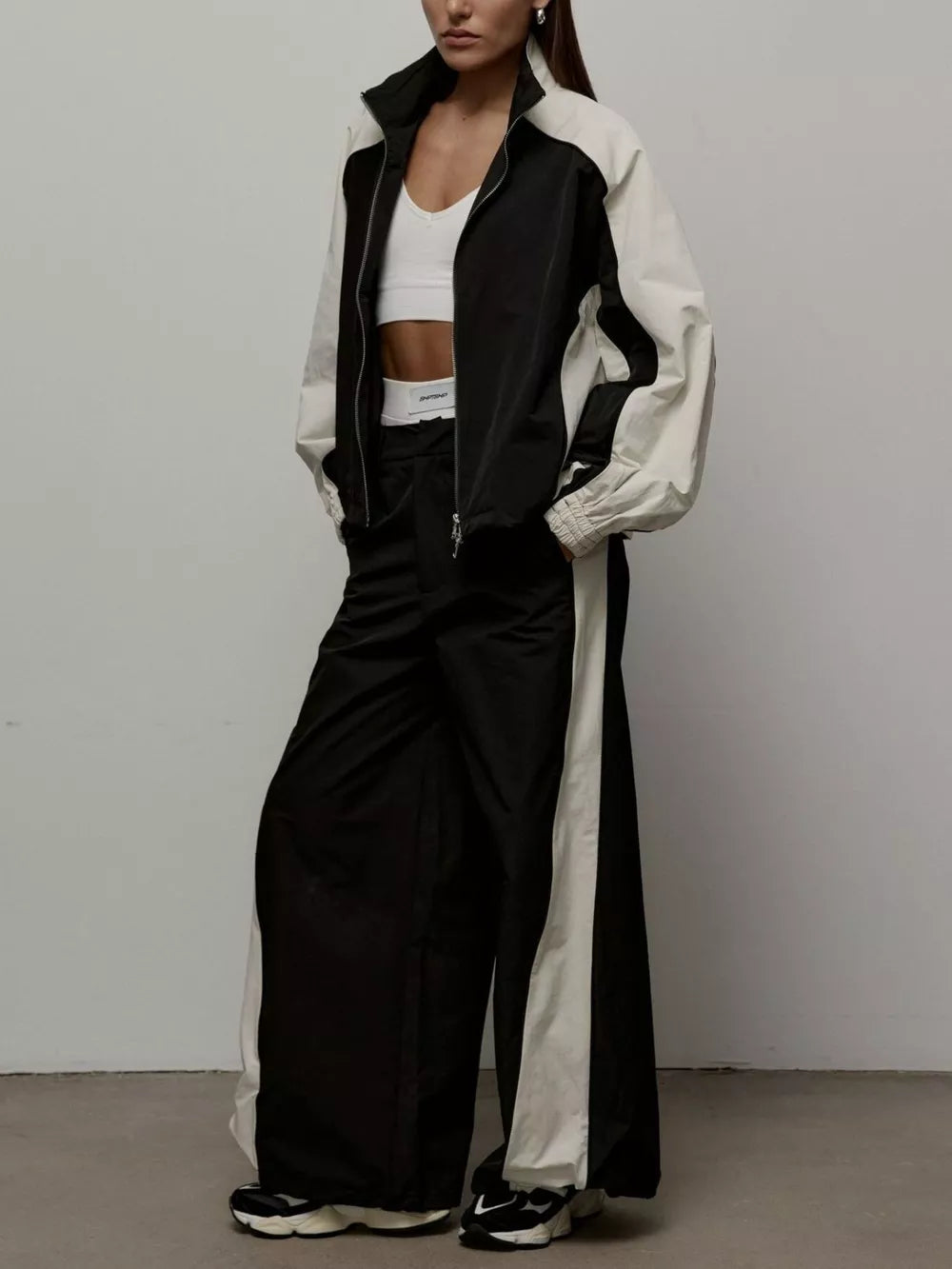 Color Block Zip Up Outerwear And Pants Set in Grey, product detail
