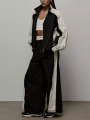 Color Block Zip Up Outerwear And Pants Set in Grey, product detail