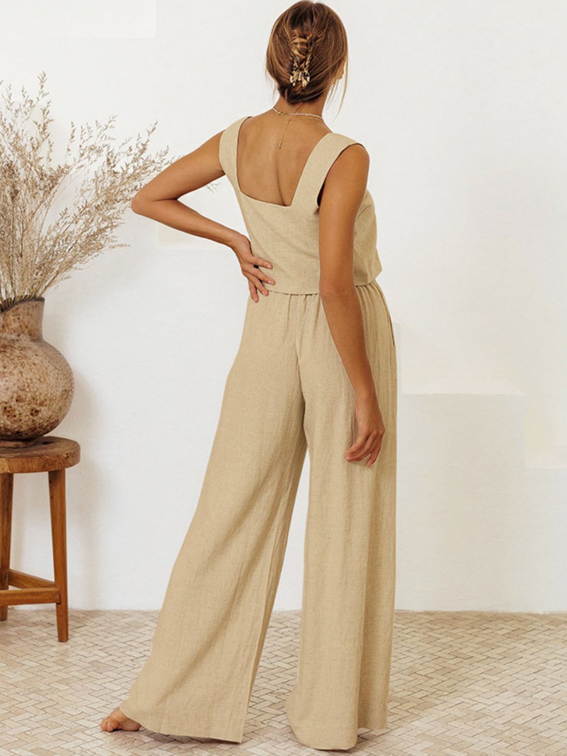 Tan linen square neck tank top and wide leg pants set