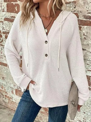 Full Size Waffle Knit Half-button Hoodie Plus Size in Black, front view