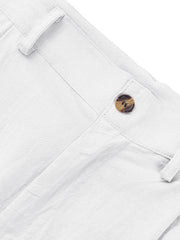 White relaxed fit sweatpants with button closure and textured fabric detail.