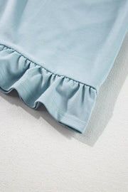Solid Ruffled Hem Loose Fit Tunic Hoodie in Light Blue, alternate angle