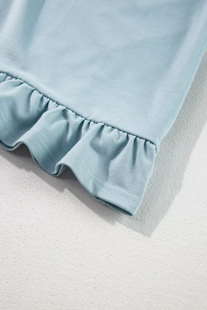 Solid Ruffled Hem Loose Fit Tunic Hoodie in Light Blue, alternate angle