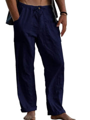Navy relaxed fit linen drawstring trousers with cuffed hems.