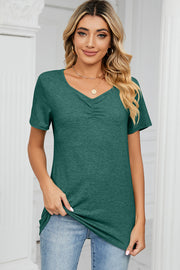 Dark Green Ruched V-Neck Jersey Tee with short sleeves and a casual fit.