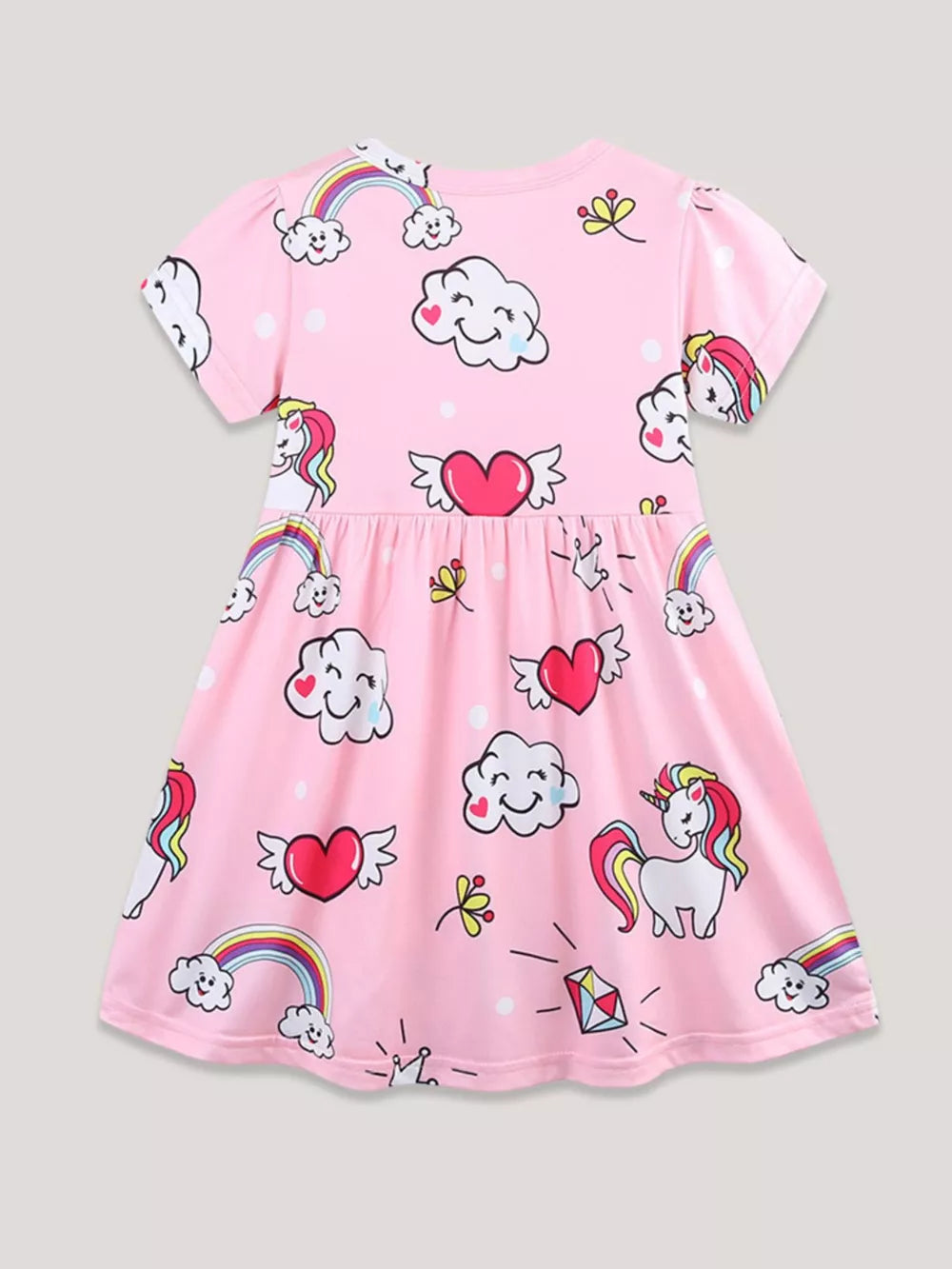 Pink polyester toddler dress with unicorn, rainbow, cloud, and heart print.