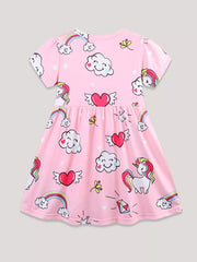Pink polyester toddler dress with unicorn, rainbow, cloud, and heart print.