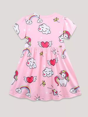 Pink polyester toddler dress with unicorn, rainbow, cloud, and heart print.