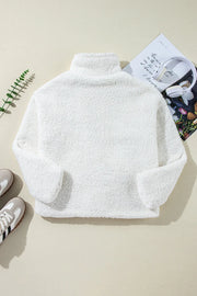 White teddy bear collarless jacket with high neck and long sleeves.