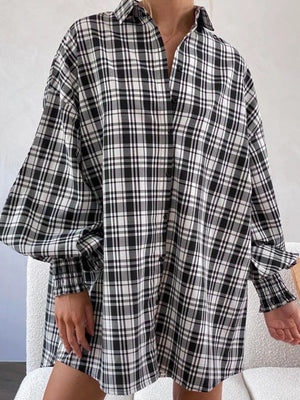 Black and white plaid oversized shirt with balloon sleeves and cuffed wrists