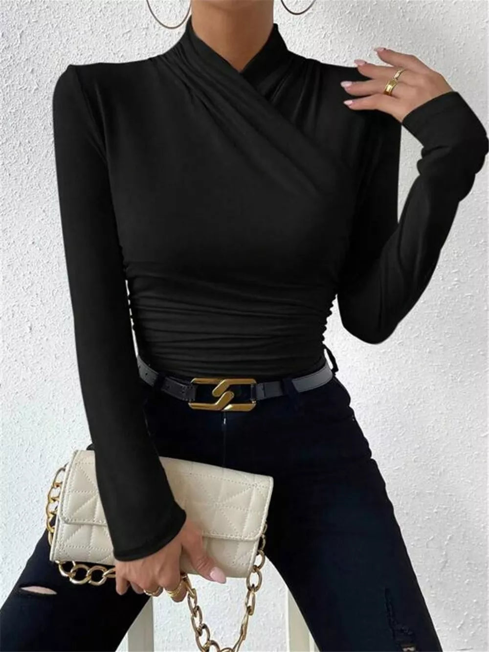 Ruched Long Sleeve Slim Fit Top in Black, product detail