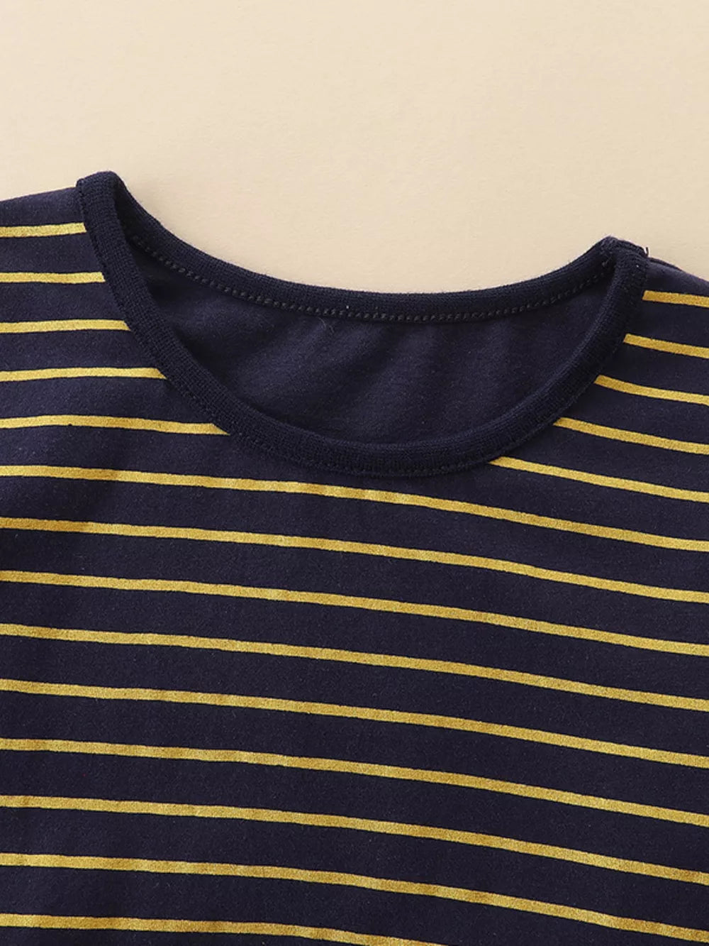 Navy and gold striped baby t-shirt with crew neck detail