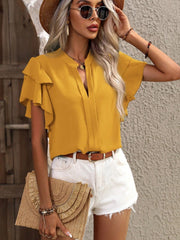 Gold ruffled sleeve blouse with plunge neckline and split collar.