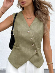 Yellow-green asymmetrical V-neck buttoned vest with textured fabric and double-breasted detail.