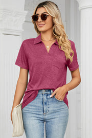 V-neck polo tee in hot pink with short sleeves and a chest pocket.