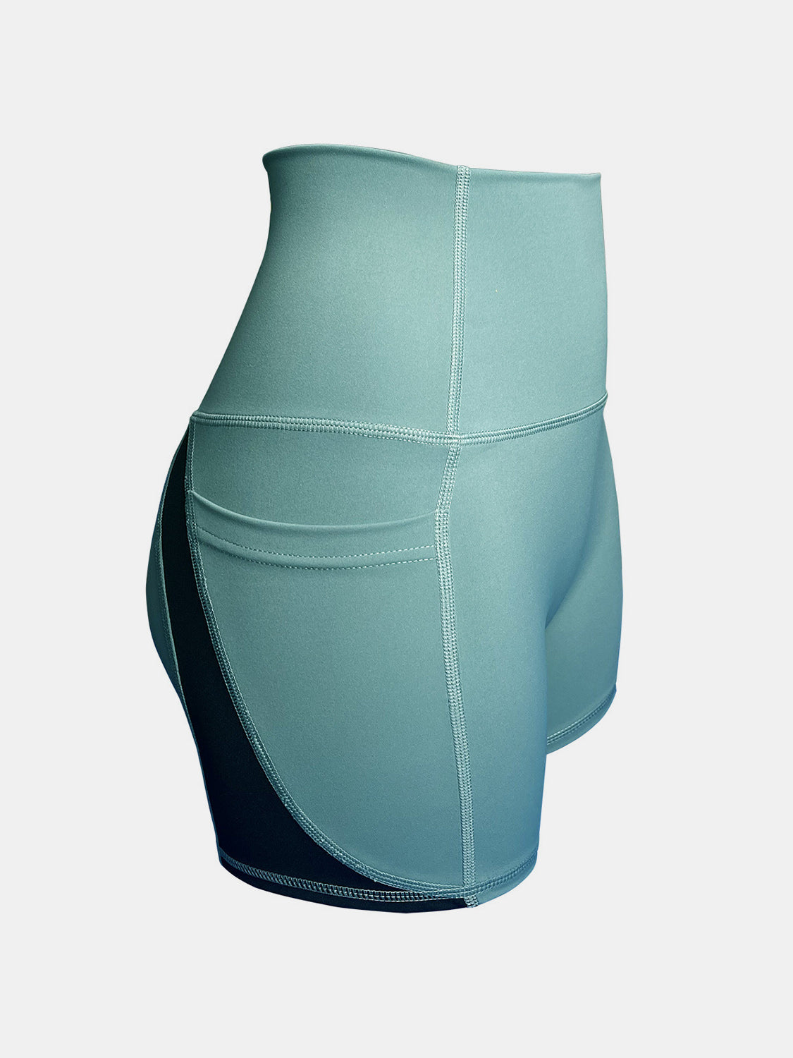 Turquoise colorblock sculpt shorts with side pocket and high waist.