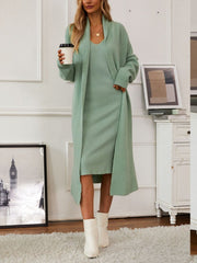 Ribbed knit midi dress and duster set in Gum Leaf acrylic, with a V-neck cami dress and long open cardigan.