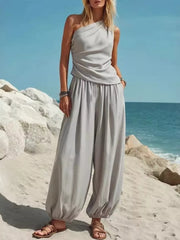 Draped One-shoulder Top & Wide-leg Pants Set
