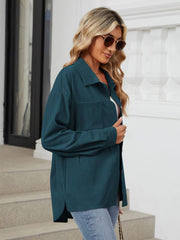 Deep Teal corduroy overshirt with button front and chest pocket.