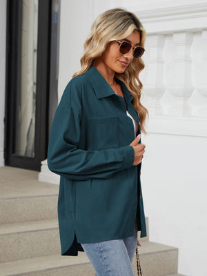 Deep Teal corduroy overshirt with button front and chest pocket.