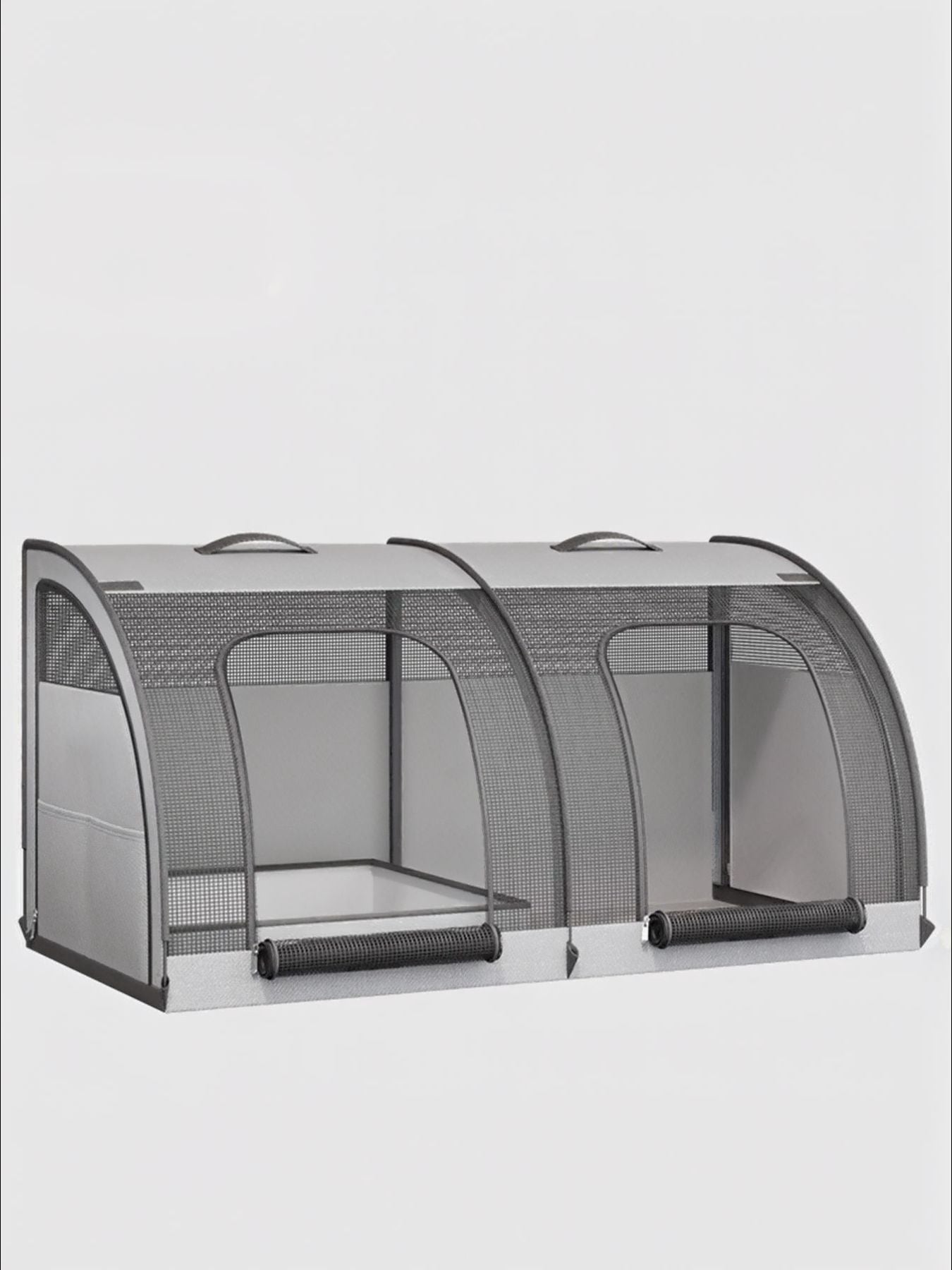 Gray double cage pet carrier with mesh panels and carrying handles