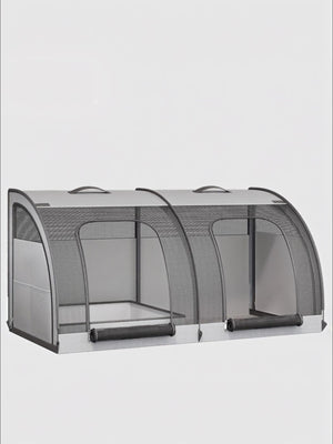 Gray double cage pet carrier with mesh panels and carrying handles