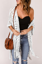 White open knit chevron fringe cardigan with short sleeves and boho style