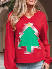 Red cotton sweatshirt with festive plaid Christmas tree applique and yellow star detail.