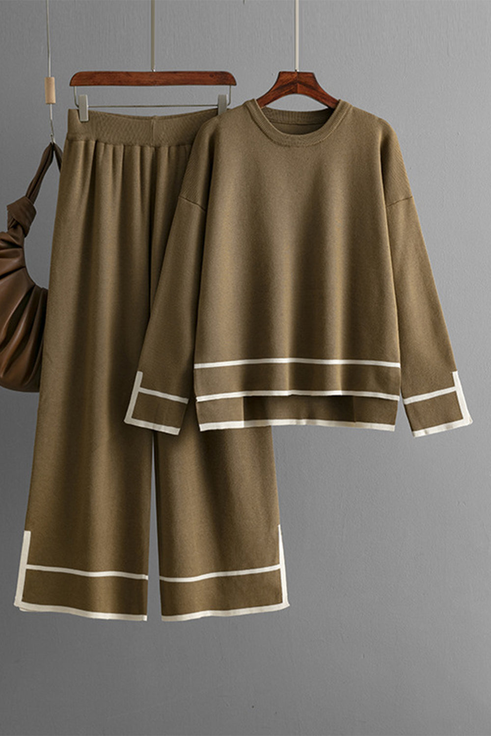 Olive brown acrylic loungewear set with round neck top and wide leg pants, white trim detail
