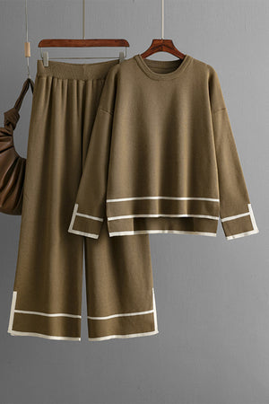 Olive brown acrylic loungewear set with round neck top and wide leg pants, white trim detail