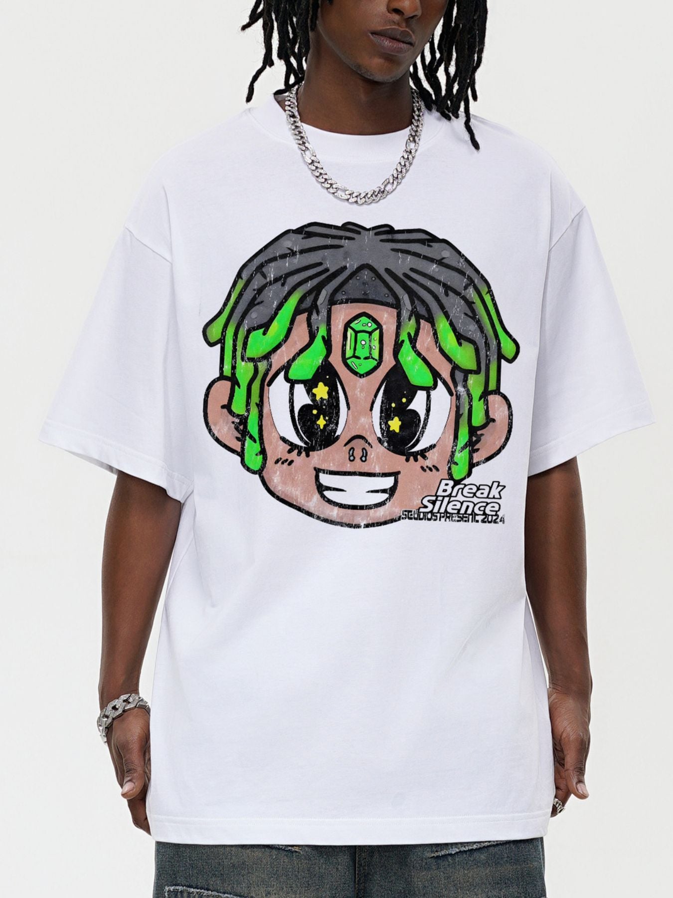 White cotton oversized graphic t-shirt with cartoon face print
