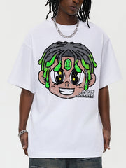 White cotton oversized graphic t-shirt with cartoon face print