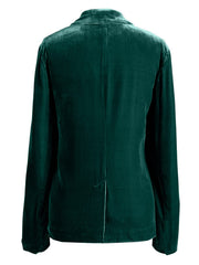 Dark green velvet blazer with buttoned front and rolled cuff detail
