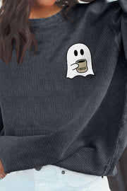 Charcoal corded sweatshirt with a cute ghost holding a coffee cup graphic.