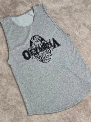 Gray graphic muscle tank top with Olympia Amateur Korea 2021 print