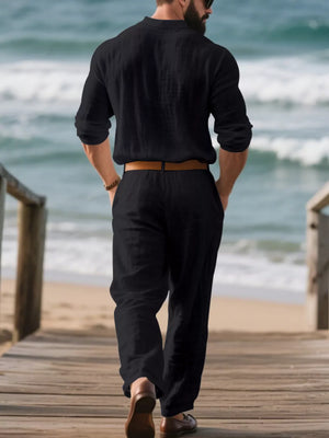 Black linen blend long sleeve top and pants set with collared neckline.