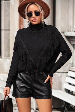 Black fringed chevron knit turtleneck sweater with a V-neck detail.