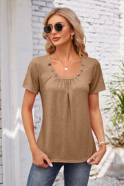 Mocha short sleeve top with gathered yoke and button trim neckline
