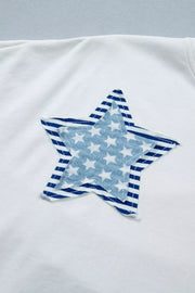White cotton tee with a blue striped star applique detail.