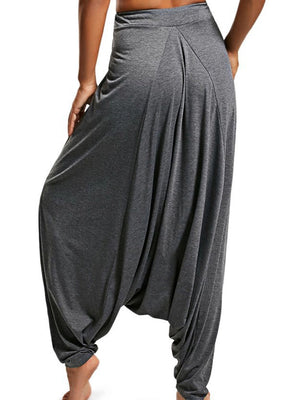 Charcoal drape-front drawstring harem pants with a relaxed fit and cinched ankles.