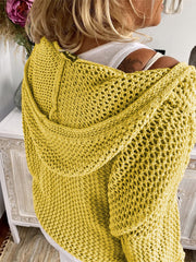 Yellow open-knit slouchy hooded sweater with a relaxed fit.