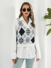 Argyle knit cropped sweater vest in white with V-neck and sleeveless design.