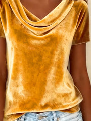 Gold velvet t-shirt with short sleeves and a luxurious cowl neck.